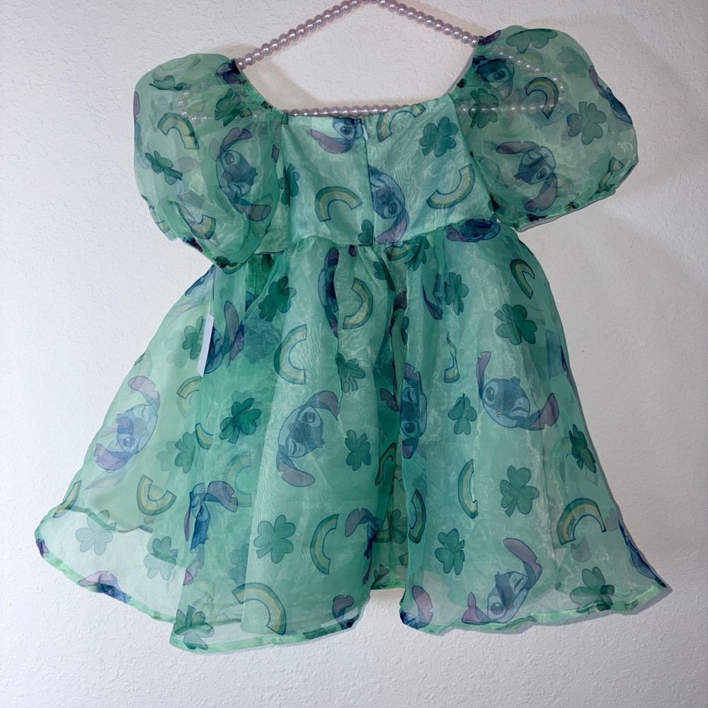 Disney Stitch Organza Dress age 6 - 7 years Green New Puff Sleeve Rainbow Clover